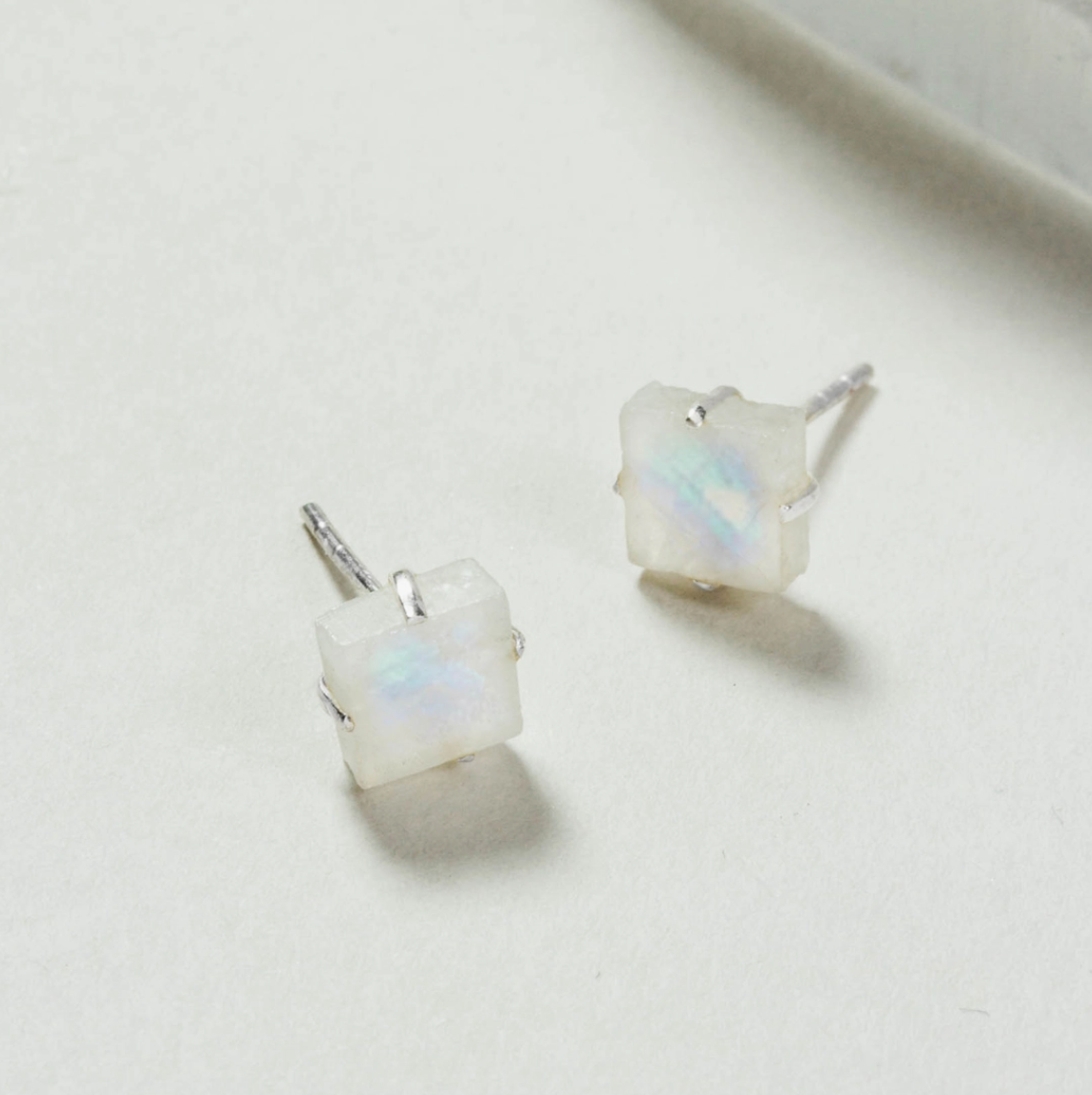 •RAINBOW MOONSTONE - SQUARE• silver prong set stud earrings