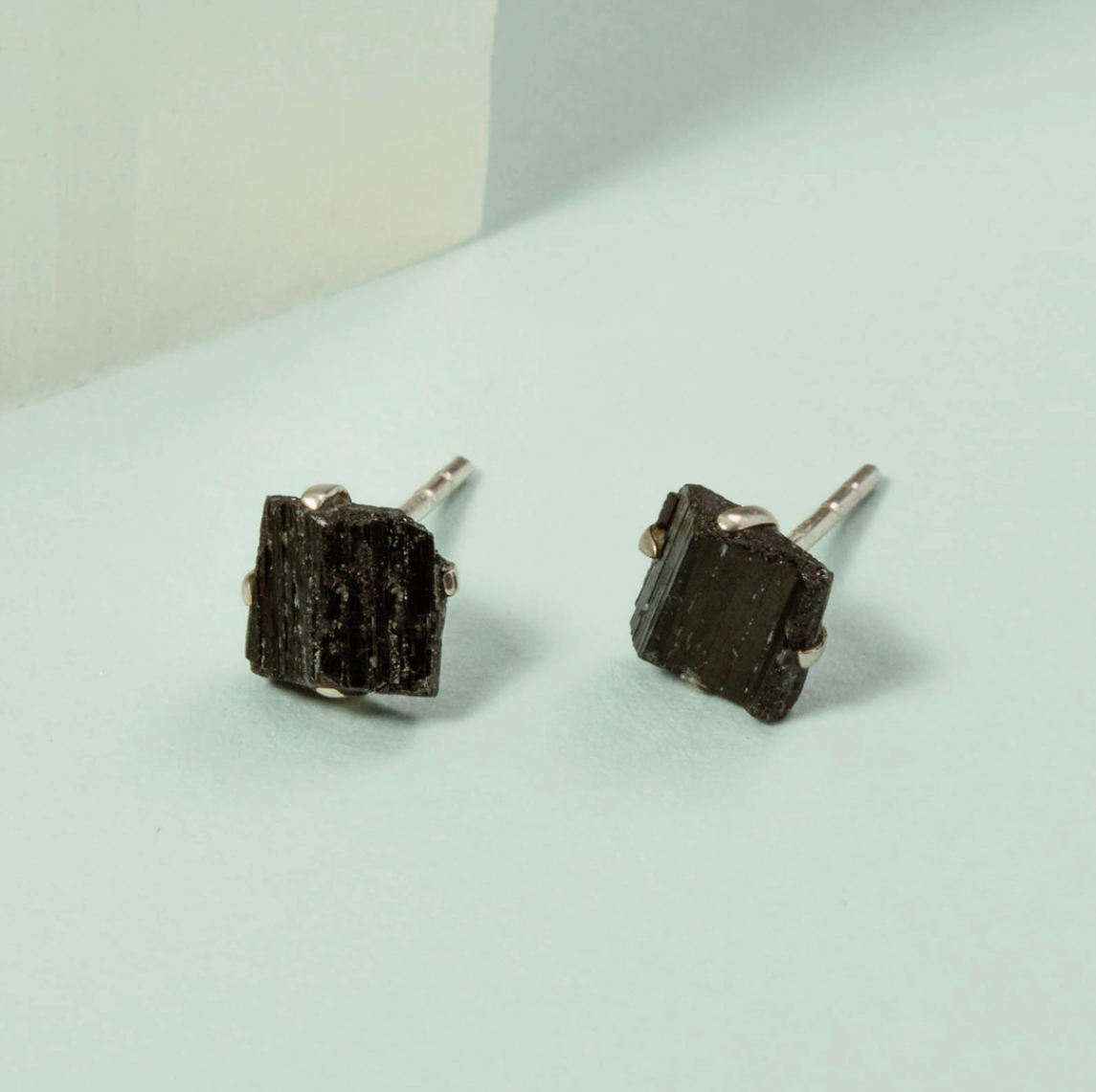 •BLACK TOURMALINE - SQUARE• silver prong set stud earrings