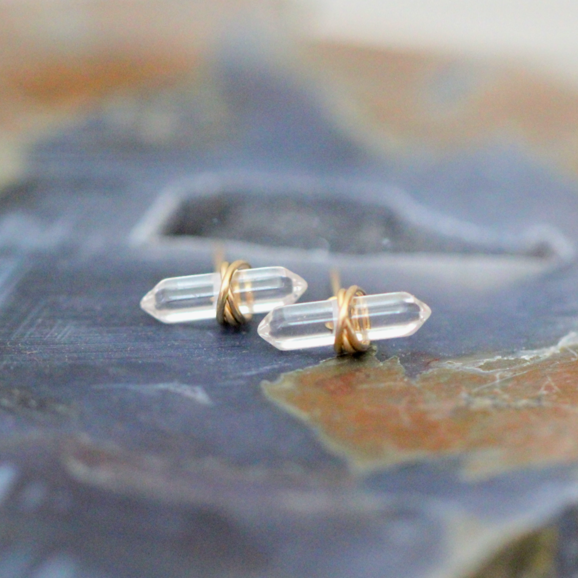 •CREST• clear quartz + gold stud earrings
