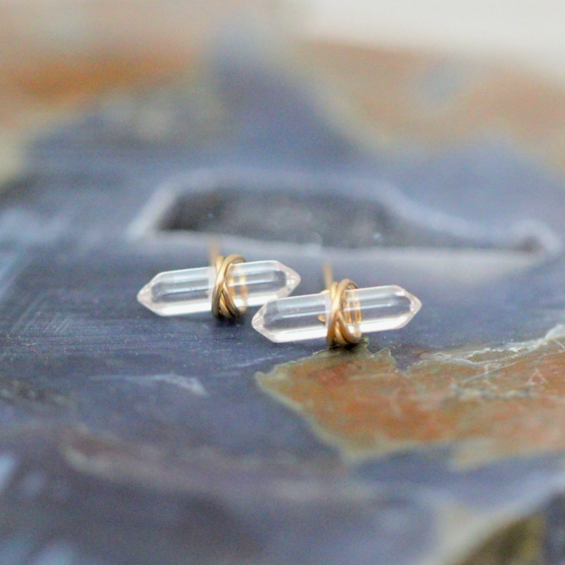 •CREST• quartz + gold stud earrings