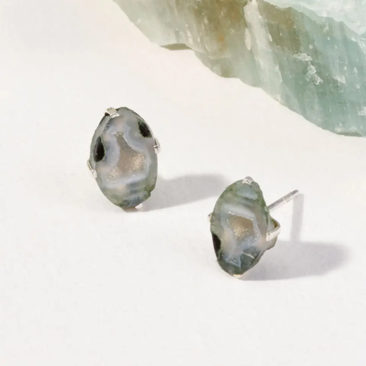 •PRONG SET• water druzy silver stud earrings