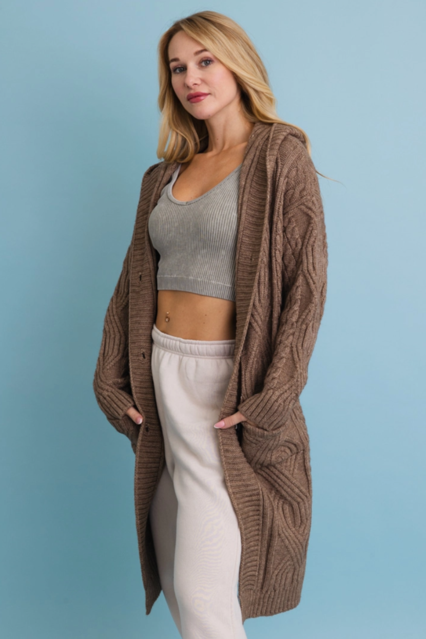 •CLARK• cable knit button up hooded cardigan