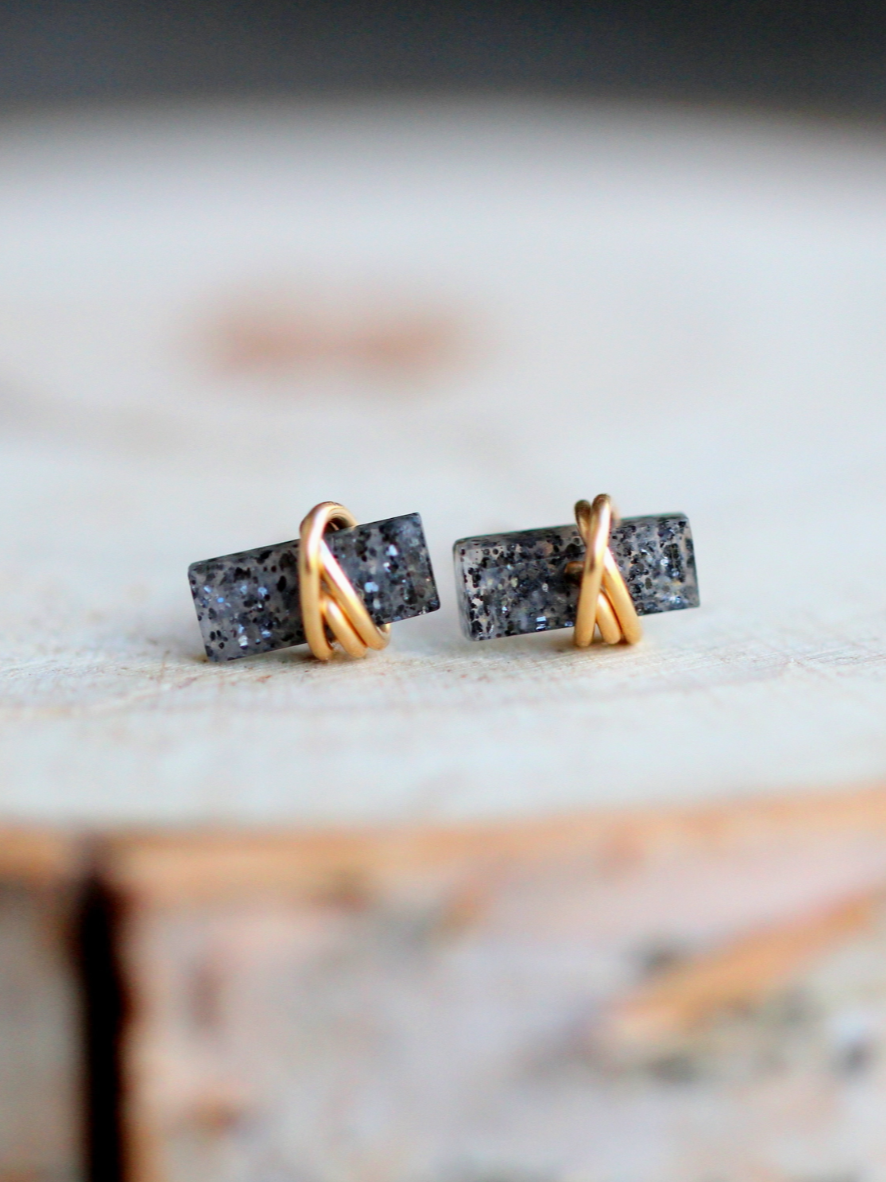 •BAGUETTE• black aventurine + gold stud earrings