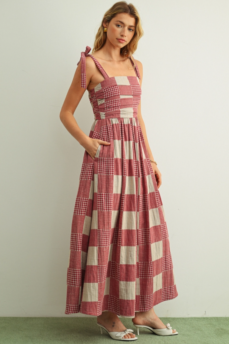 •DOROTHY - CRIMSON• gingham patchwork maxi dress