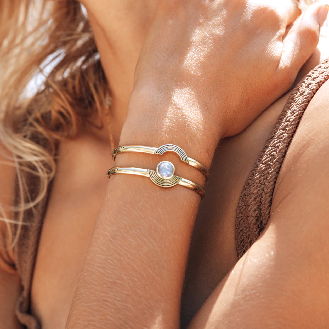 •BE OPEN• rainbow moonstone + brass cuff