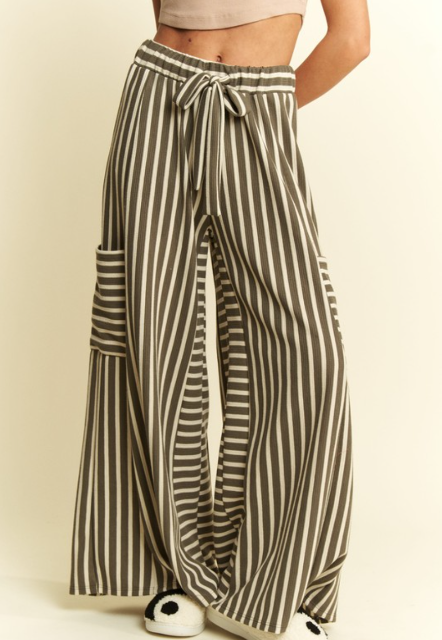 •MANDY - OLIVE• striped wide leg pants