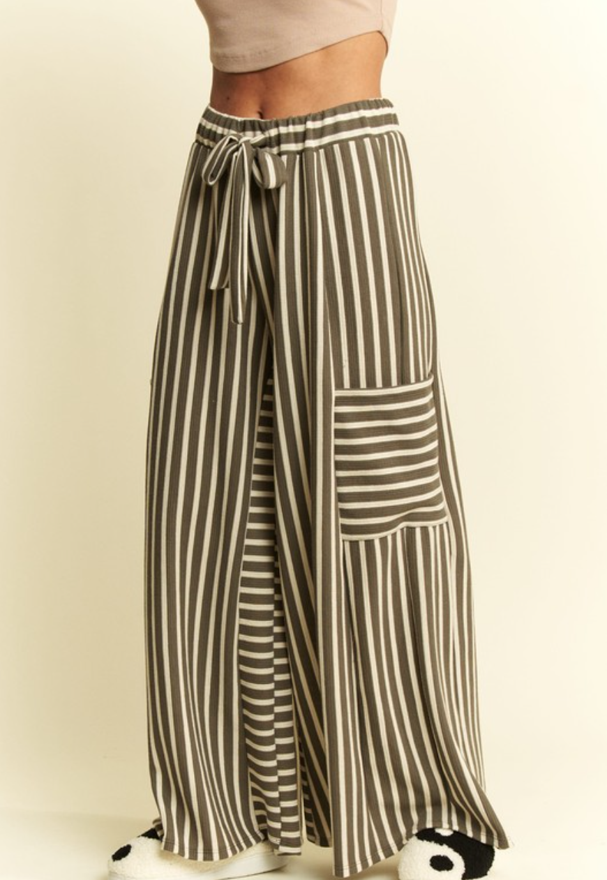 •MANDY - OLIVE• striped wide leg pants