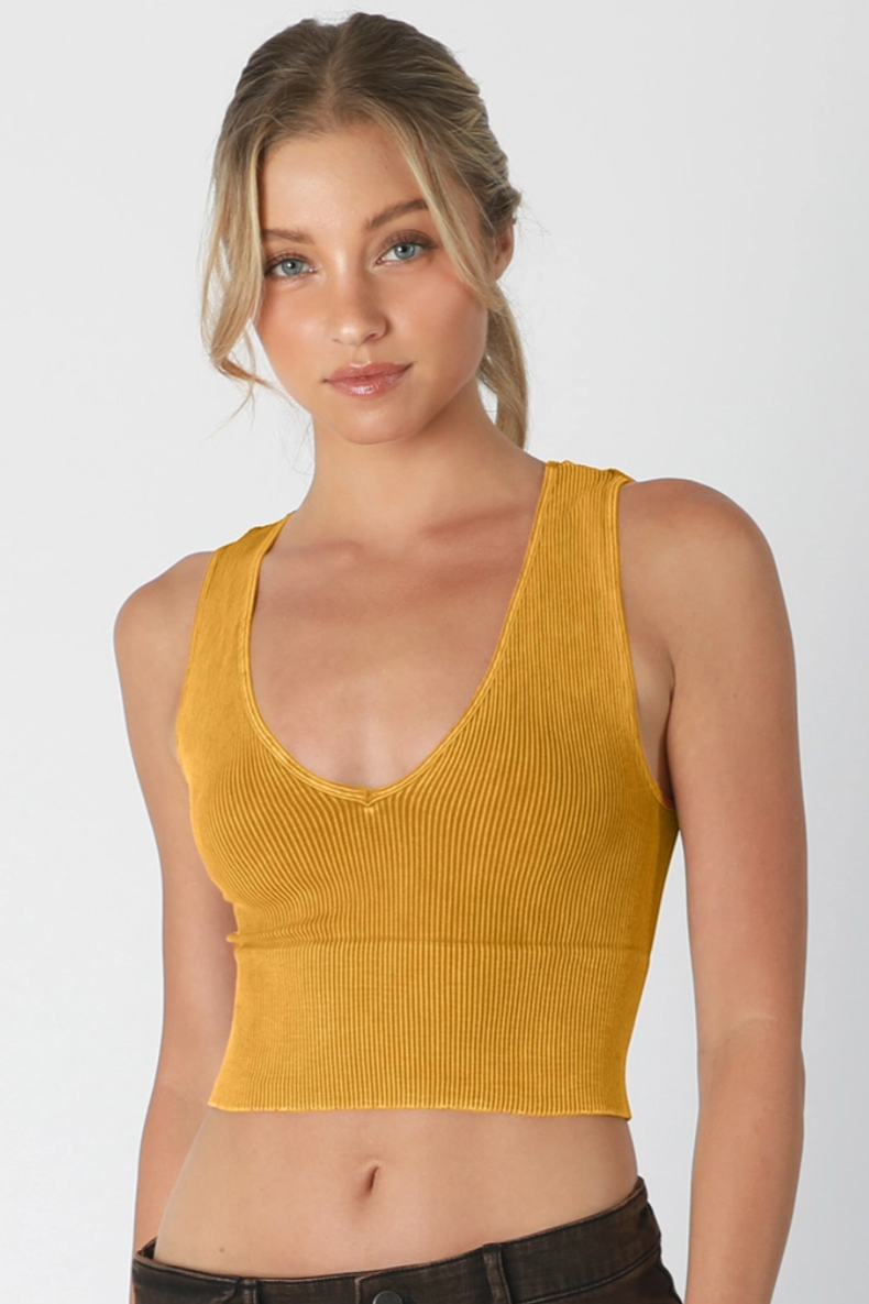 •RIBBED DEEP-V• vintage washed cropped tank top (USA)