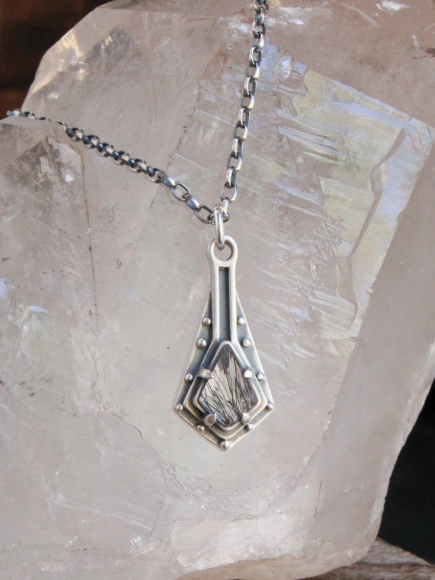 •MAIDEN SHIELD• tourmalinated quartz + silver necklace (18" long)
