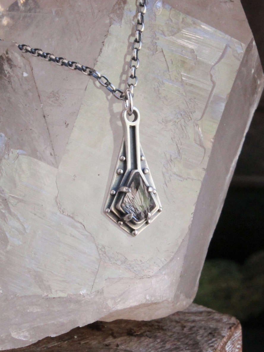 •MAIDEN SHIELD• tourmalinated quartz + silver necklace (18" long)