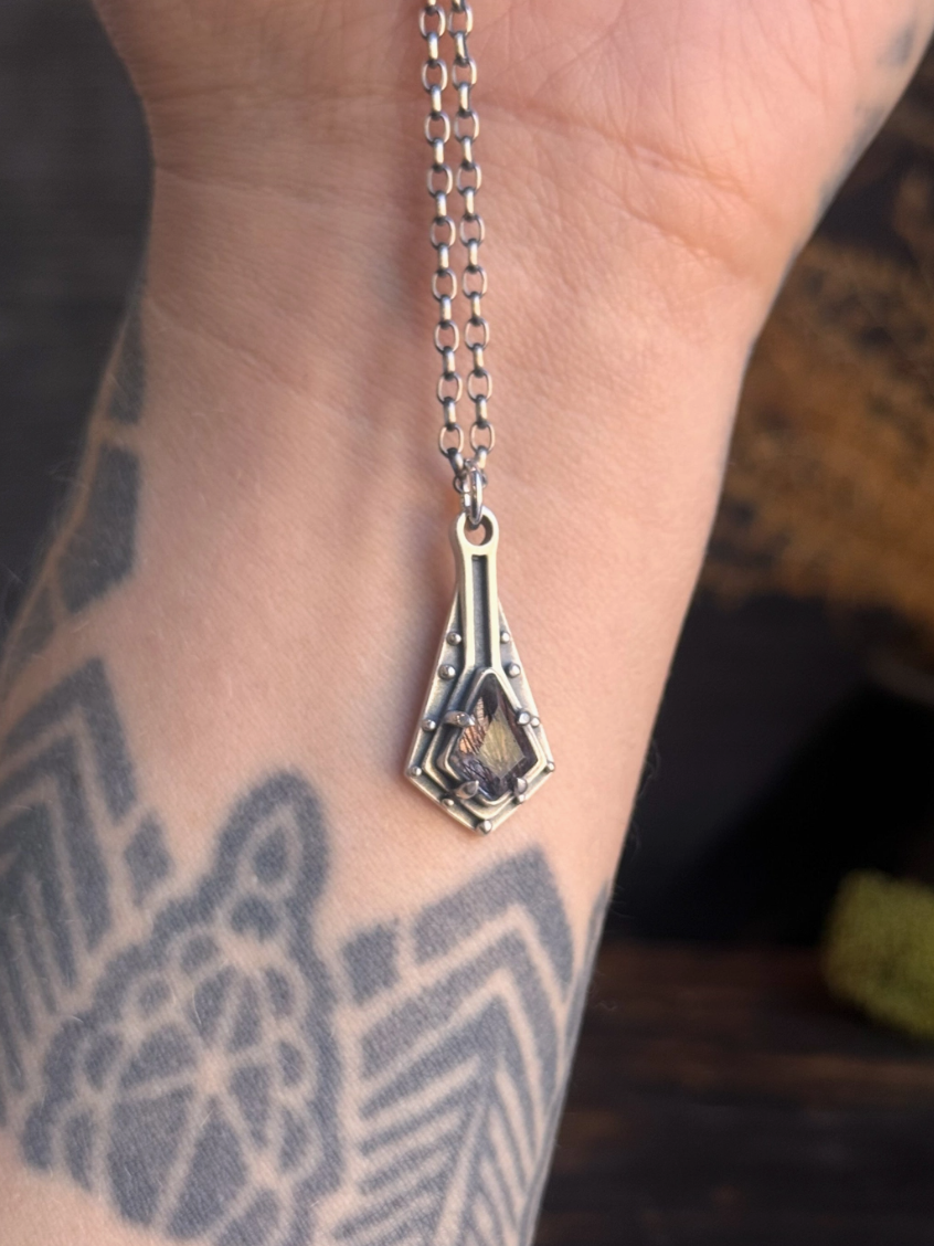•MAIDEN SHIELD• tourmalinated quartz + silver necklace (18" long)