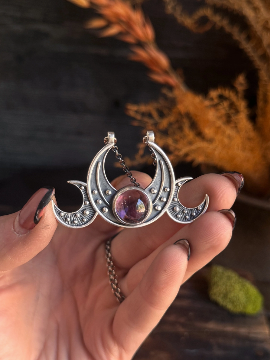 •TRIPLE MOON GODDESS• amethyst + silver necklace (18" long)
