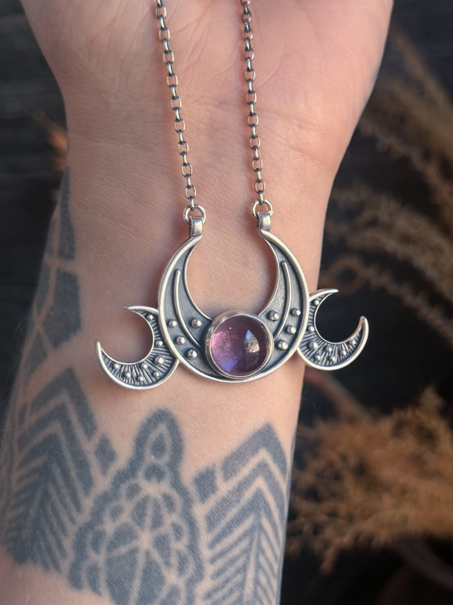 •TRIPLE MOON GODDESS• amethyst + silver necklace (18" long)
