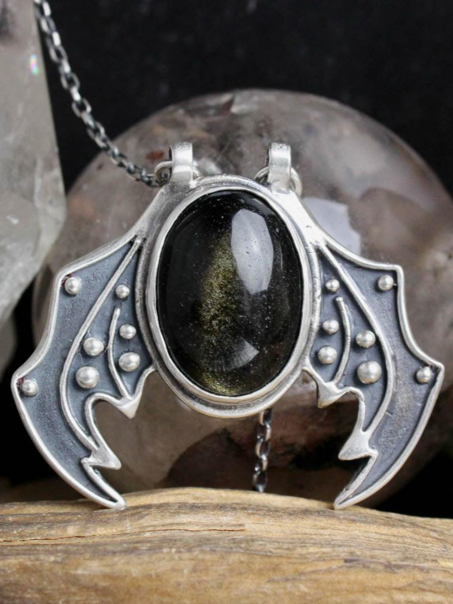 •WINGED PROPHETESS• gold sheen obsidian + silver necklace (18" long)