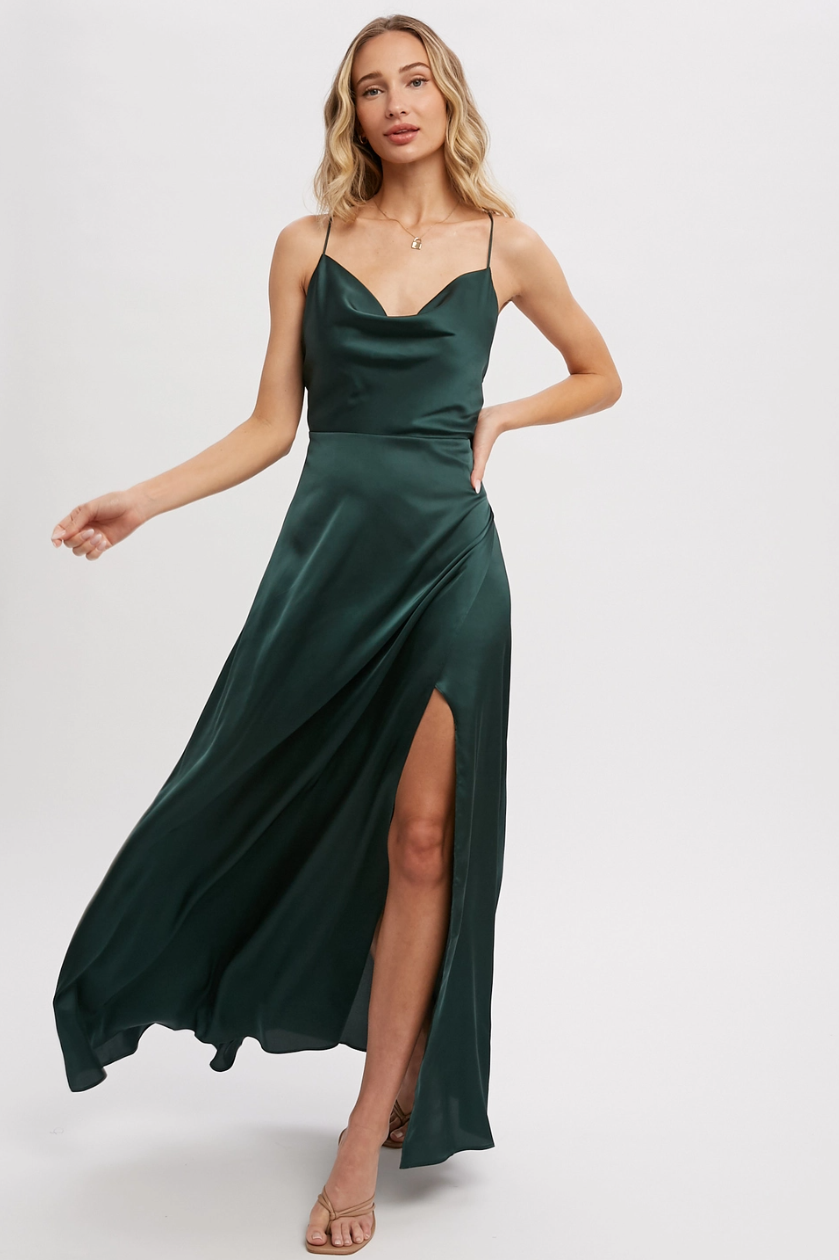 •CARMILLA• satin cowl neck maxi dress