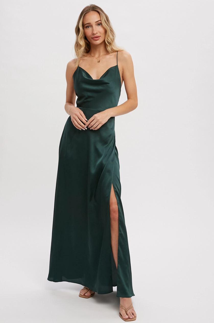•CARMILLA• satin cowl neck maxi dress