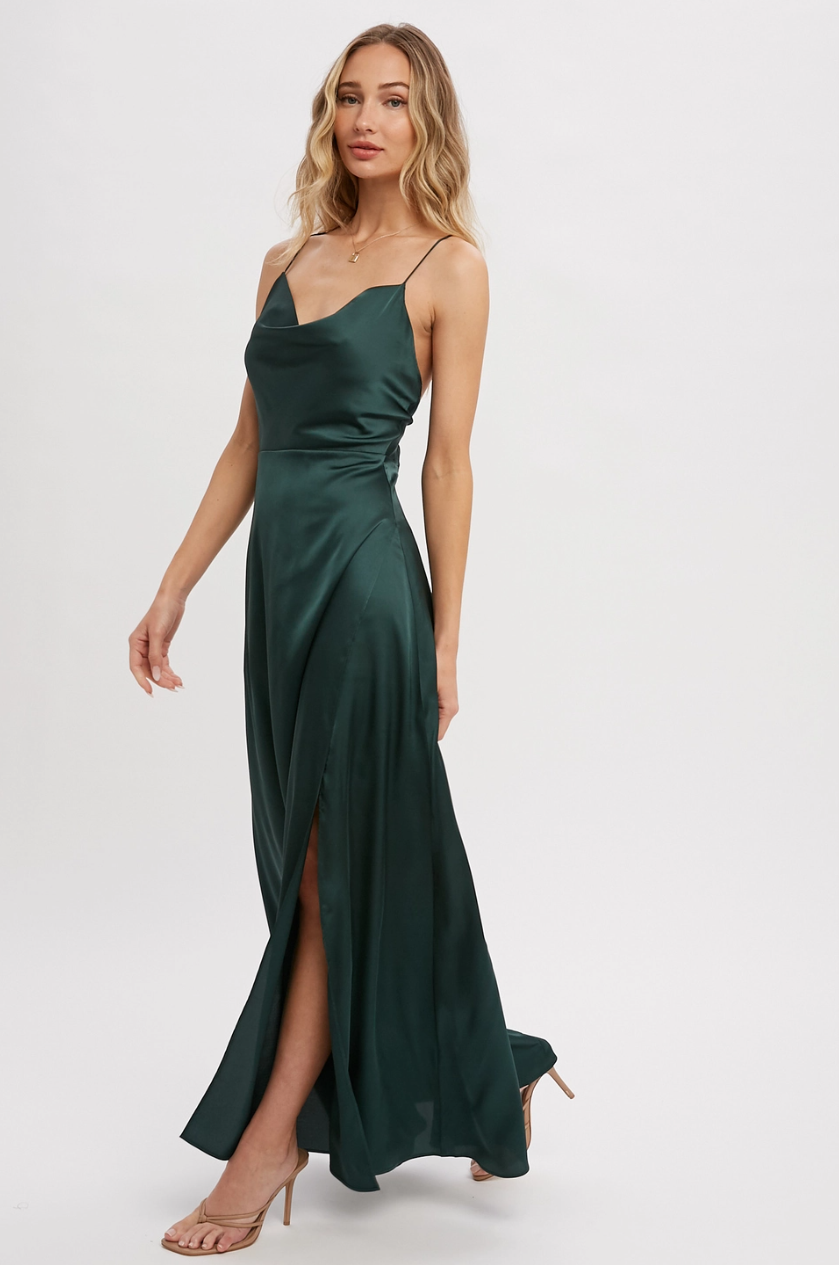 •CARMILLA• satin cowl neck maxi dress