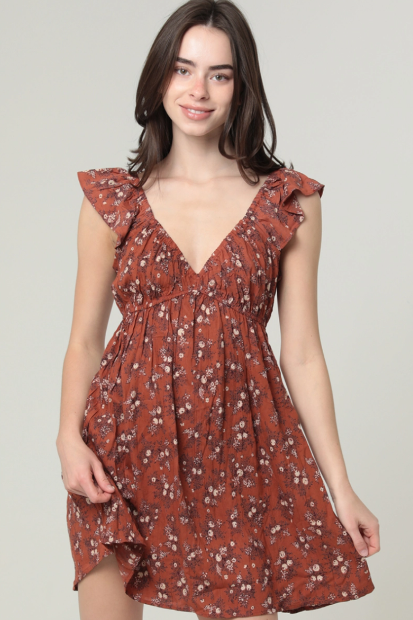 •RUST DITSY• flutter sleeve mini dress