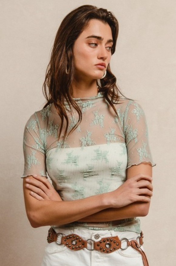 •RAYANNE• short sleeve high neck mesh lace top