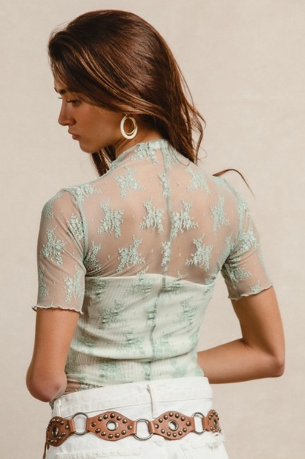 •RAYANNE• short sleeve high neck mesh lace top