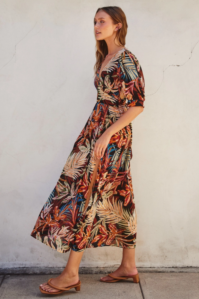 •SUNSET PALMS• surplice slit midi dress