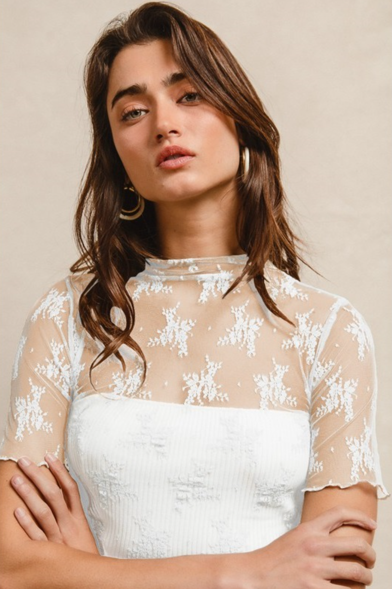 •RAYANNE• short sleeve high neck mesh lace top