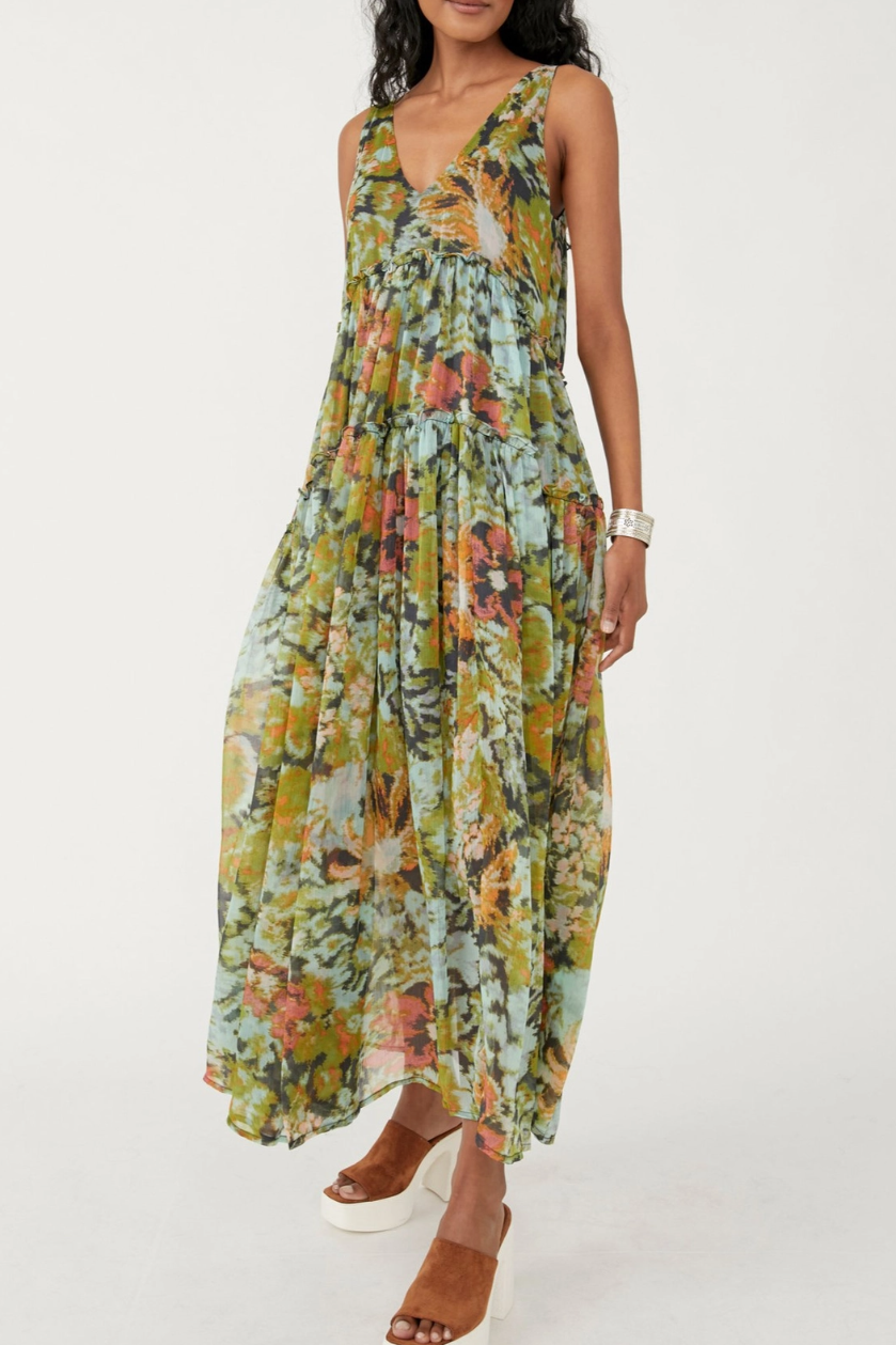 •CAMILLE• deep V semi-sheer midaxi dress