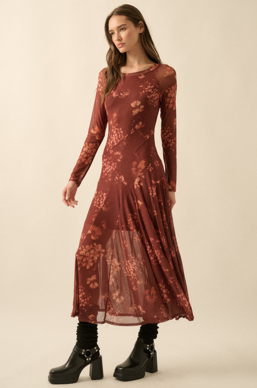 Mesh Panel Button-Up Long Sleeve Dress main image 0