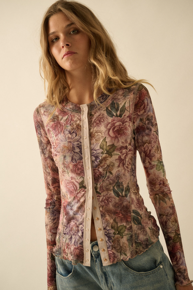•PHOEBE• floral mesh snap front top
