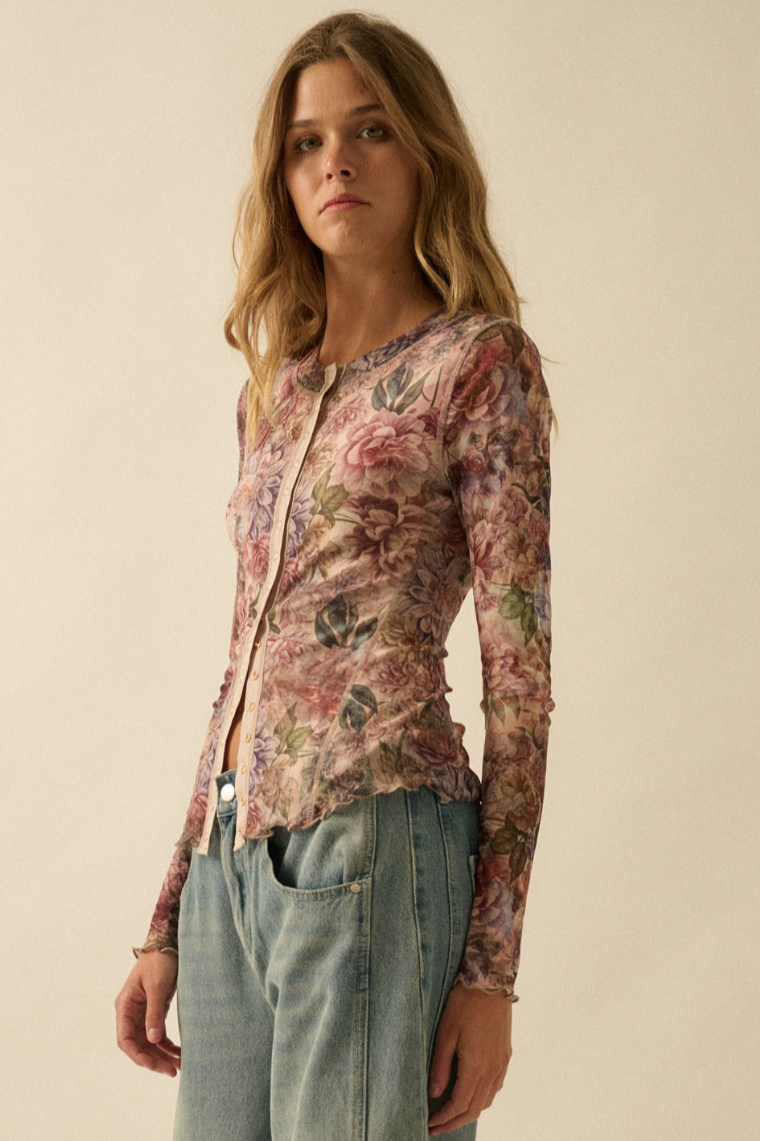 •PHOEBE• floral mesh snap front top