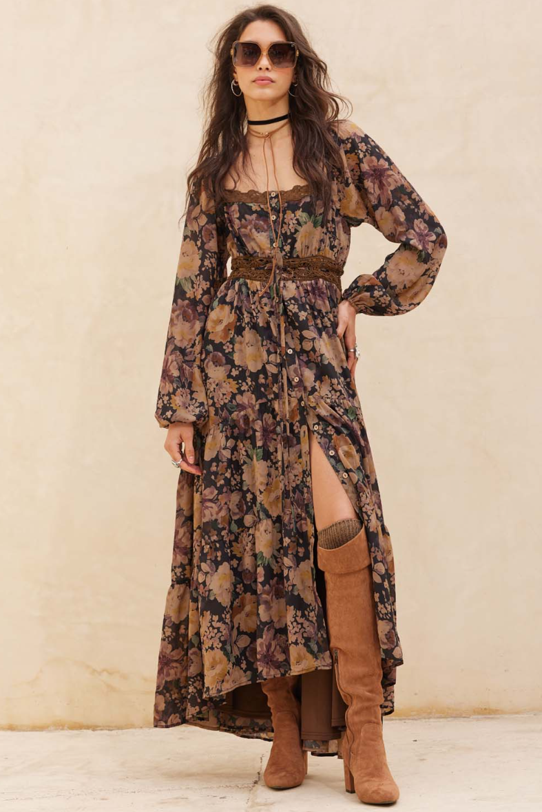 •ADELINE• long sleeve button front midaxi dress