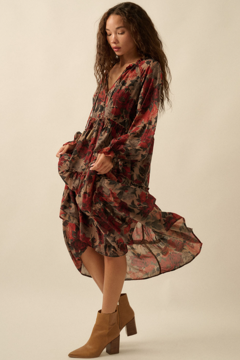 •ROSALIE △• long sleeve tiered midi dress