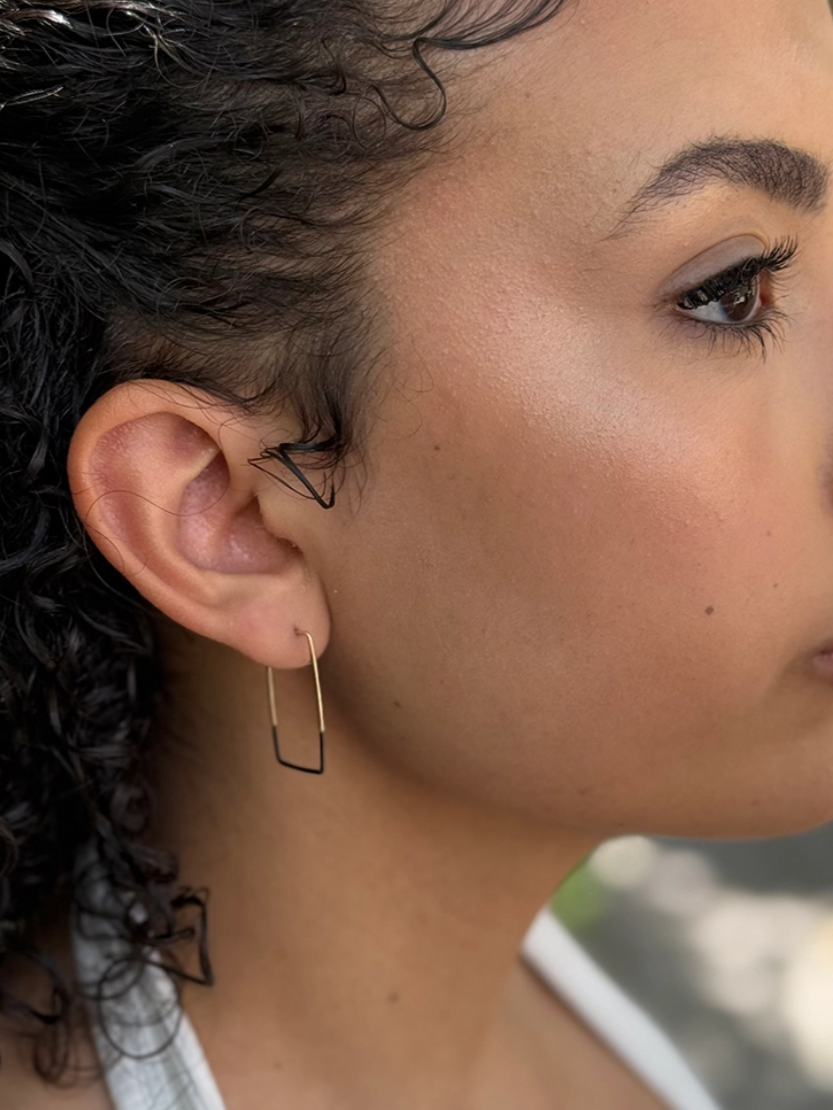 •MINI RECTANGLE• patina dipped brass hoop earrings