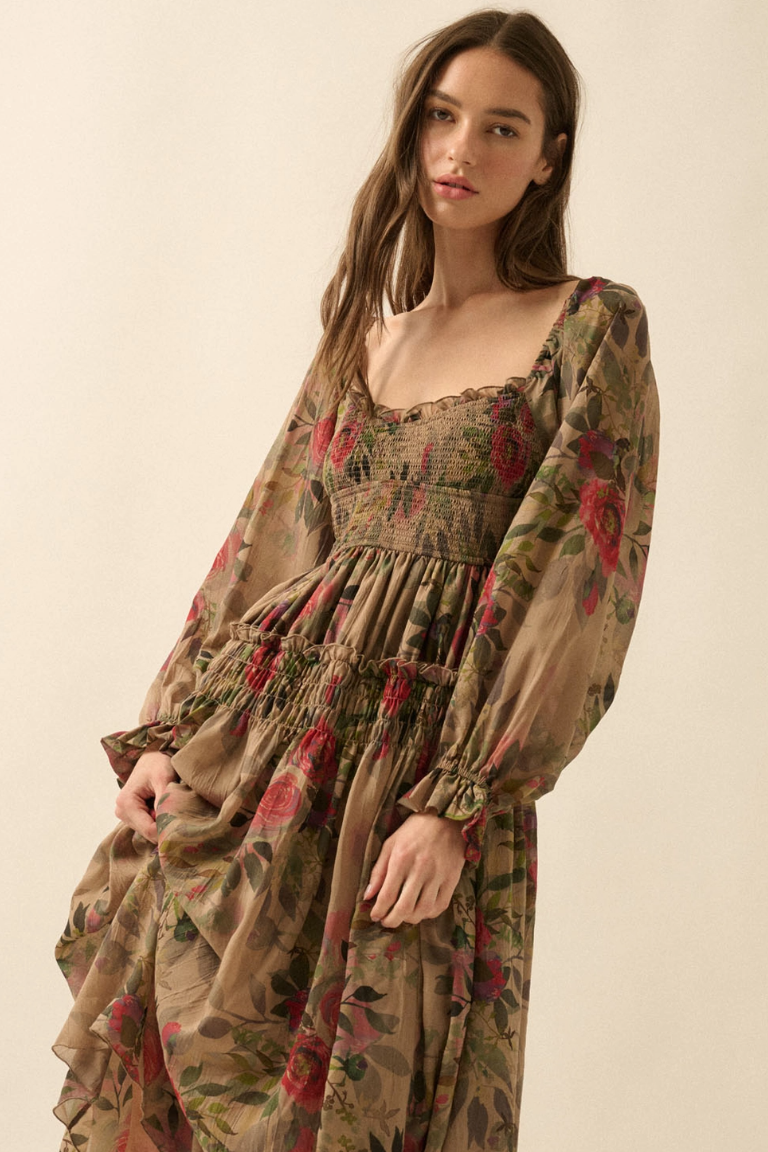 •MINERVA• bishop sleeve smocked midi dress