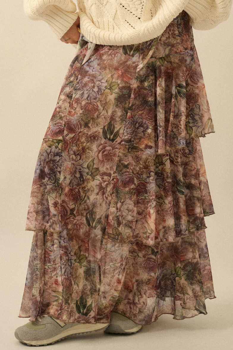 •CASSANDRA• floral mesh tiered maxi skirt