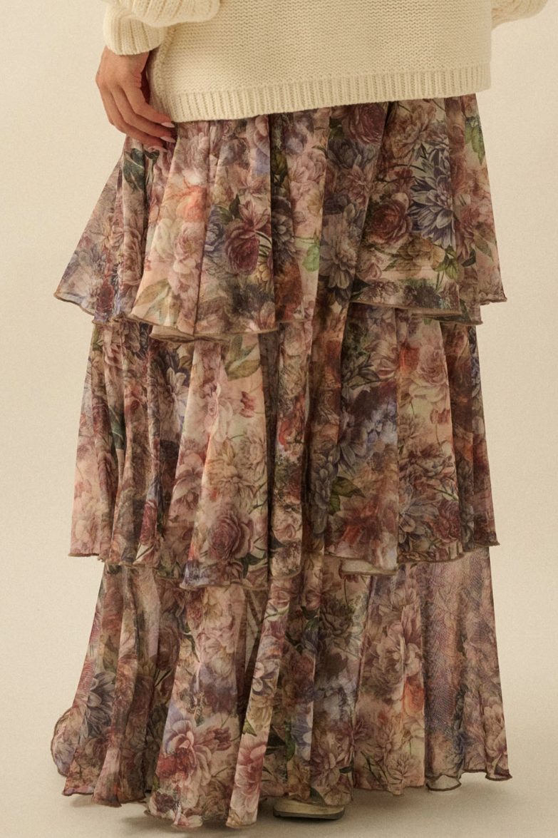 •CASSANDRA• floral mesh tiered maxi skirt