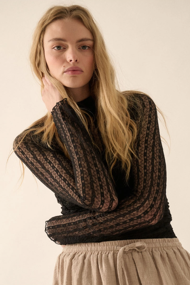 •ENDORA• semi-sheer mesh lace bodysuit