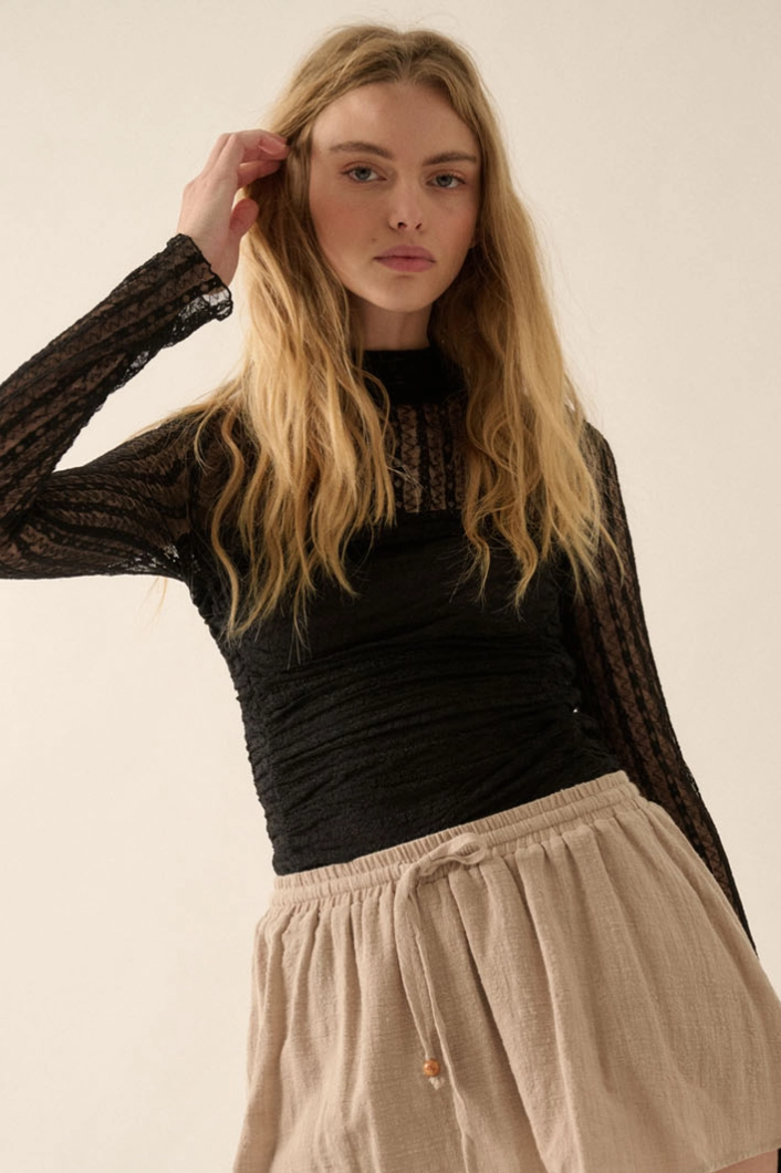 •ENDORA• semi-sheer mesh lace bodysuit