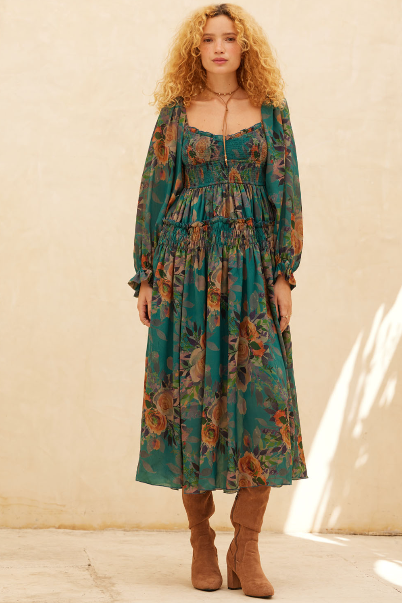 •MINERVA 🜄• bishop sleeve smocked midi dress