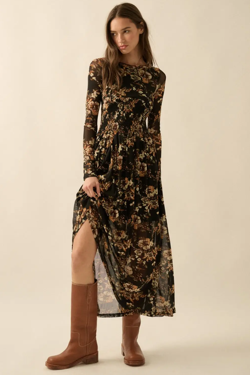•CHARLOTTE• floral mesh smocked midi dress