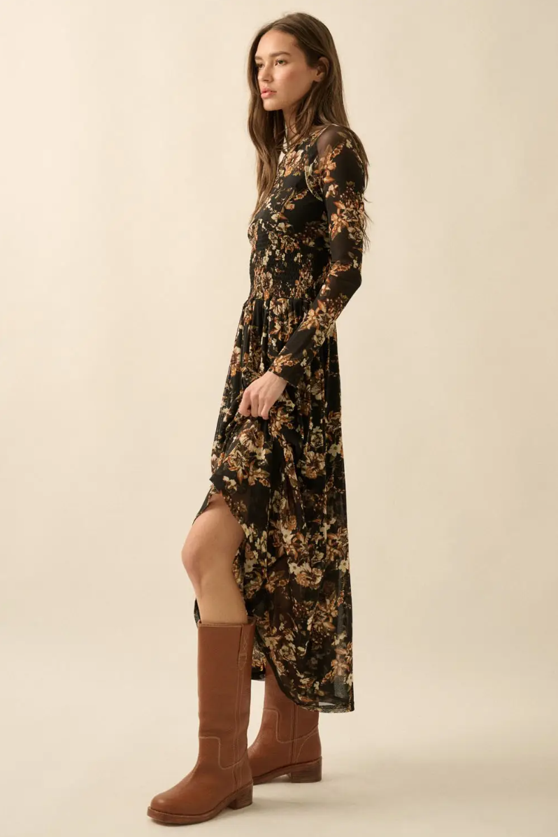 •CHARLOTTE• floral mesh smocked midi dress