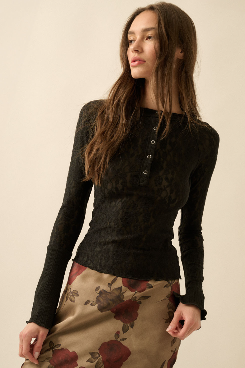 •CORINNE• floral lace henley top