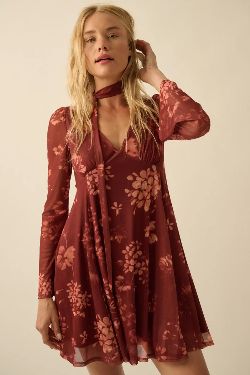 •SELENE• floral mesh smocked mini dress