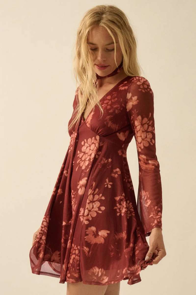 •SELENE• floral mesh smocked mini dress