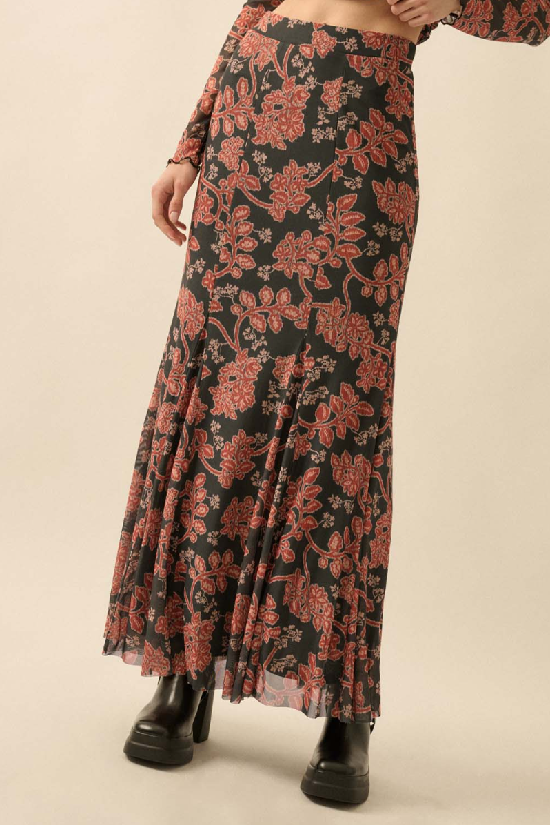 •MEI• floral mesh maxi skirt