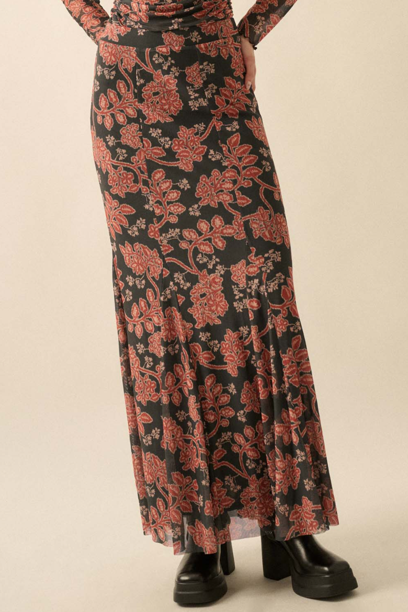 •MEI• floral mesh maxi skirt