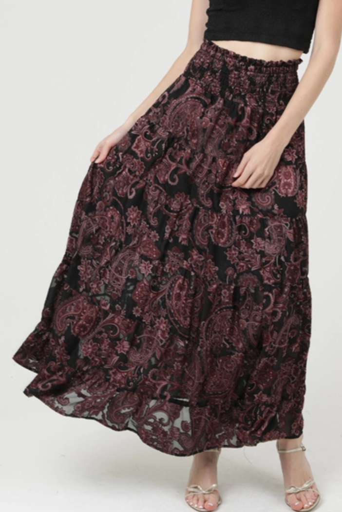 •PAISLEY• satin burnout tiered maxi skirt