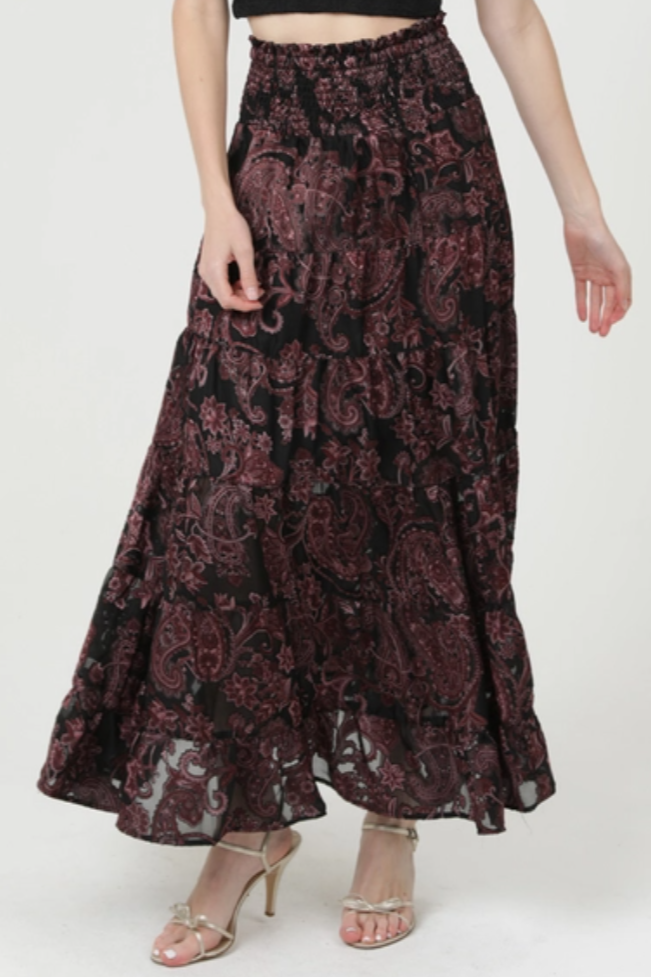 •PAISLEY• satin burnout tiered maxi skirt