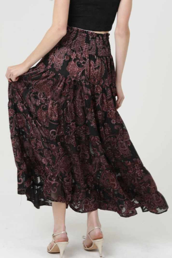 •PAISLEY• satin burnout tiered maxi skirt