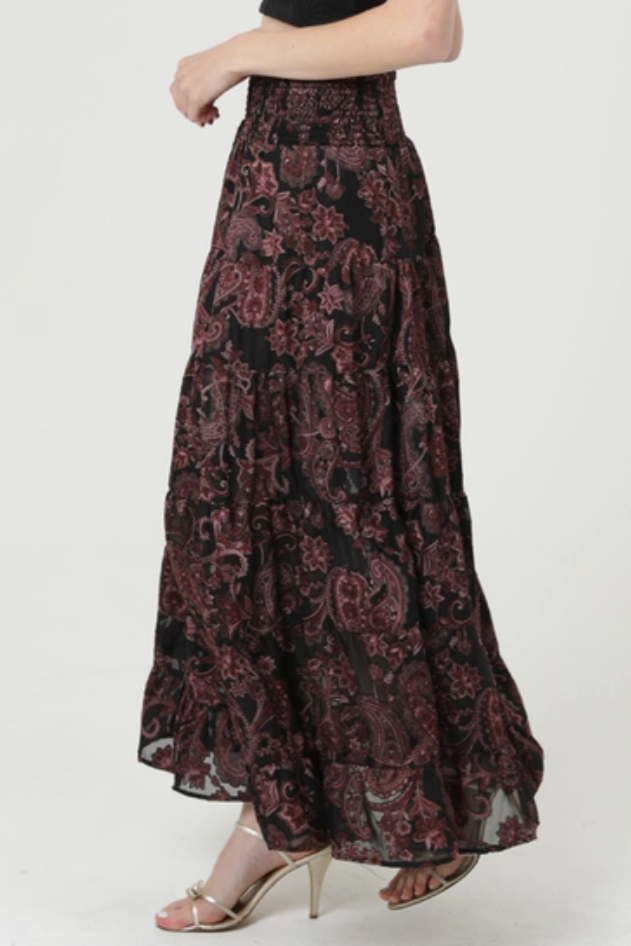 •PAISLEY• satin burnout tiered maxi skirt